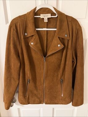 Style & Co. Macy’s Boho Faux Suede Moto Biker Jacket Full Zip Saddle Brown  XL